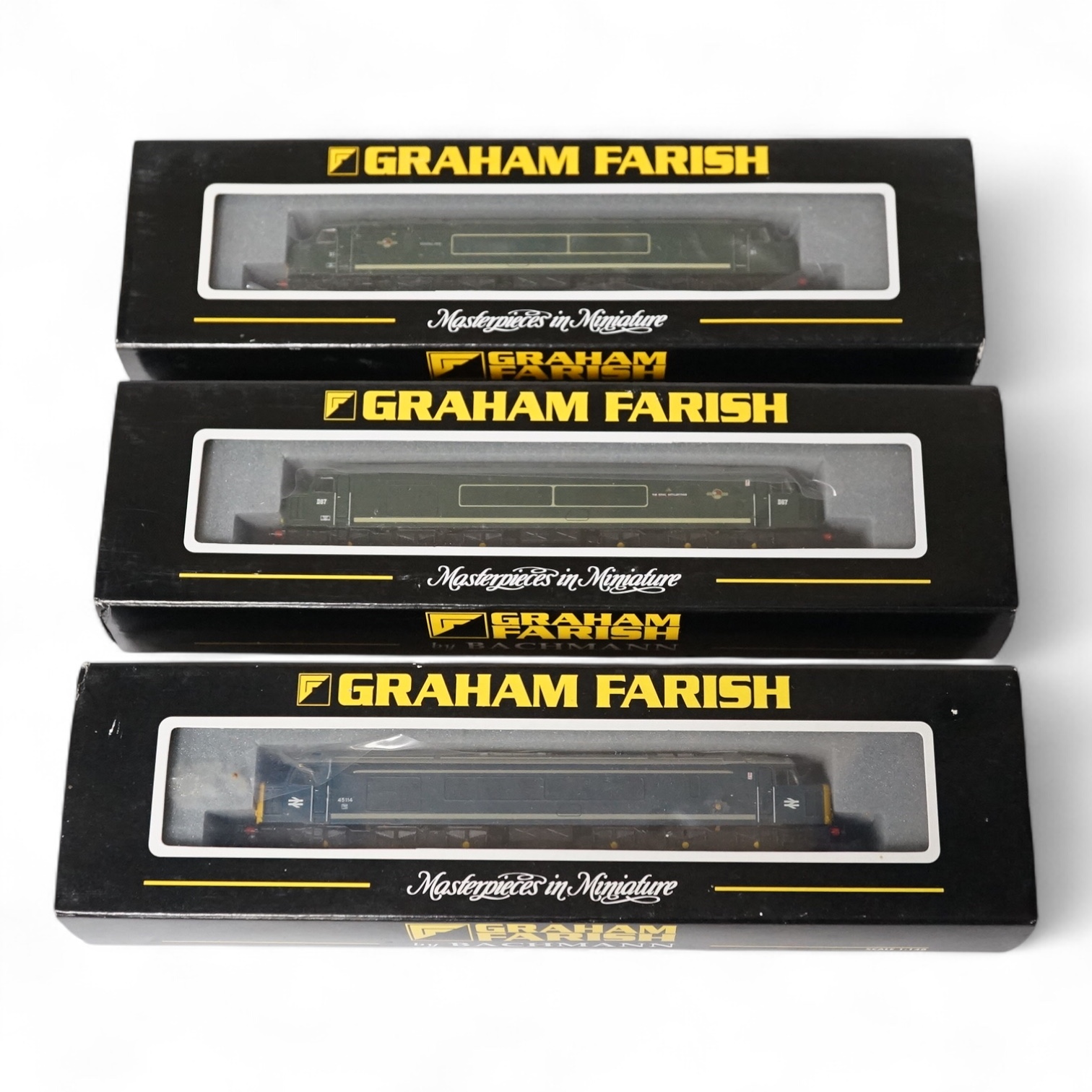 Three boxed Graham Farish N gauge BR diesel locomotives; A class 44 Scafell Pike D1 (371-201), a class 45 The Royal Artilleryman D67 (371-575), and a class 45 45114 (371-576). Condition - good.
